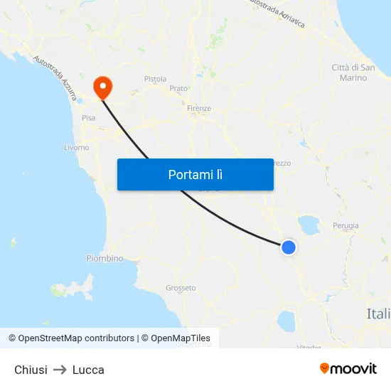 Chiusi to Lucca map