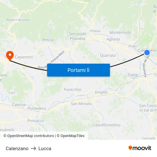 Calenzano to Lucca map