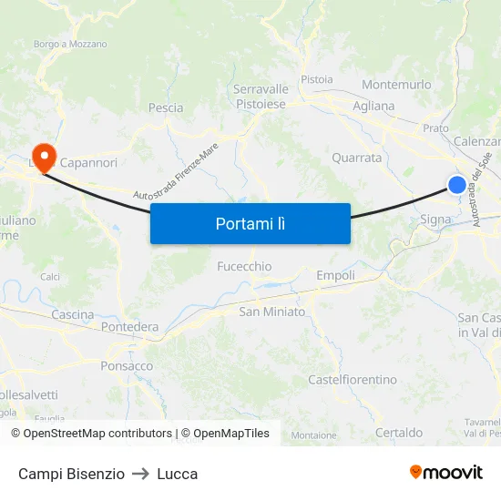 Campi Bisenzio to Lucca map