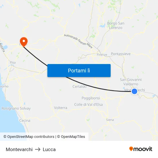 Montevarchi to Lucca map
