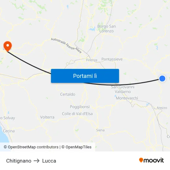 Chitignano to Lucca map