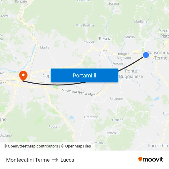 Montecatini Terme to Lucca map