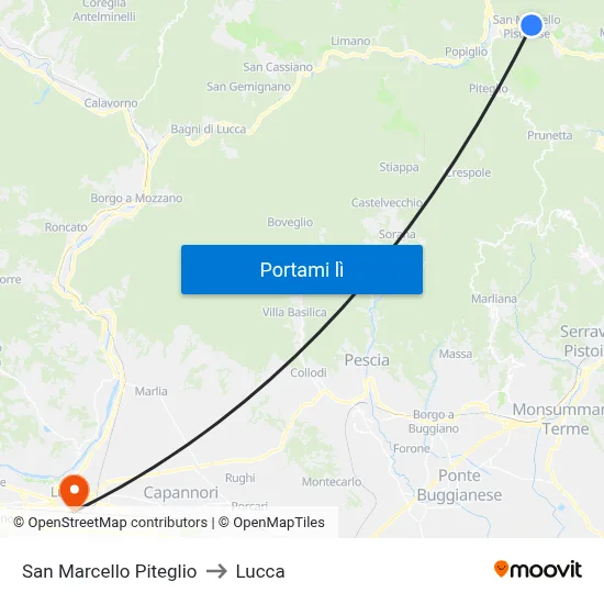 San Marcello Piteglio to Lucca map