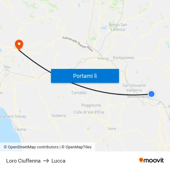Loro Ciuffenna to Lucca map