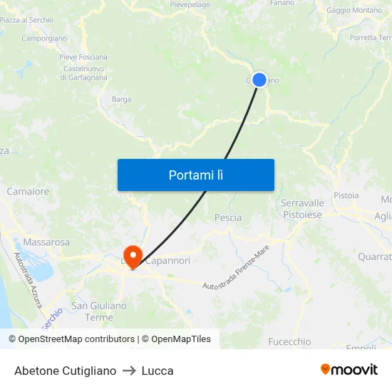 Abetone Cutigliano to Lucca map