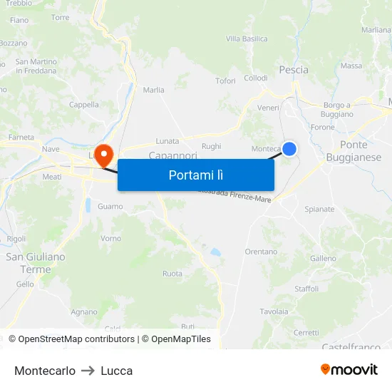 Montecarlo to Lucca map