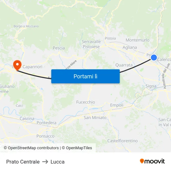 Prato Centrale to Lucca map