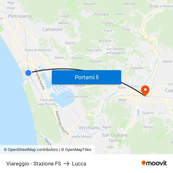 Viareggio Stazione FS to Lucca map