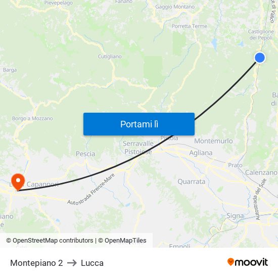 Montepiano 2 to Lucca map