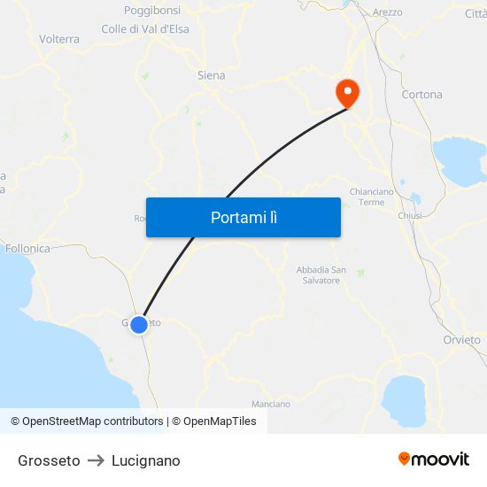 Grosseto to Lucignano map