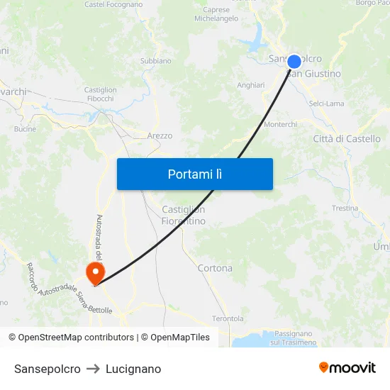 Sansepolcro to Lucignano map