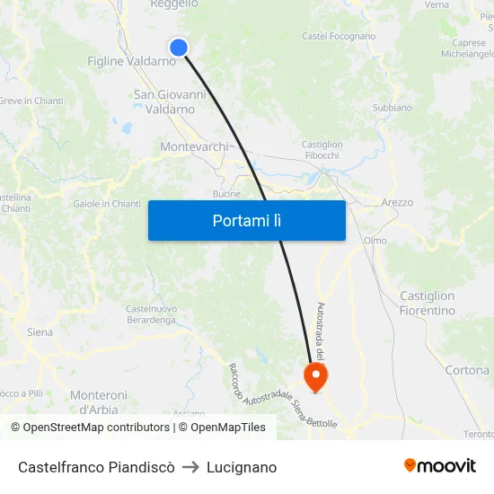 Castelfranco Piandiscò to Lucignano map