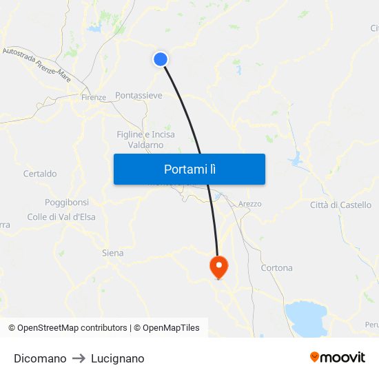 Dicomano to Lucignano map