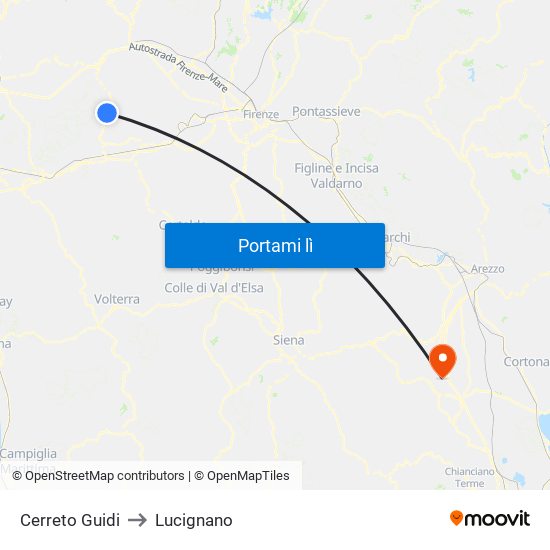 Cerreto Guidi to Lucignano map