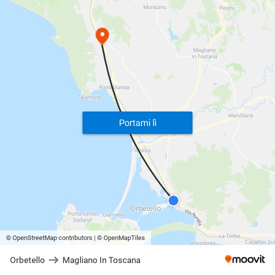 Orbetello to Magliano In Toscana map