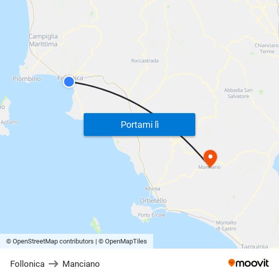 Follonica to Manciano map