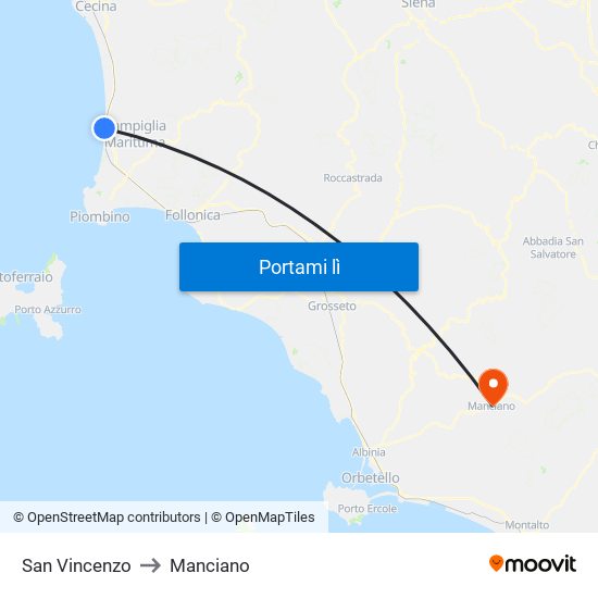 San Vincenzo to Manciano map