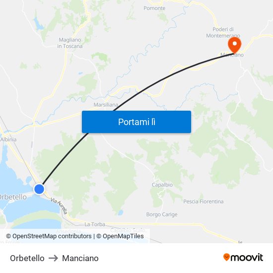 Orbetello to Manciano map