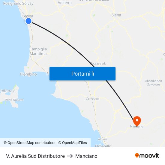 V. Aurelia Sud Distributore to Manciano map