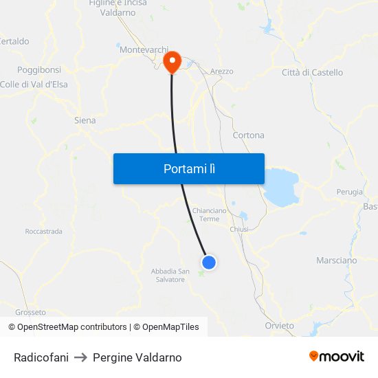 Radicofani to Pergine Valdarno map