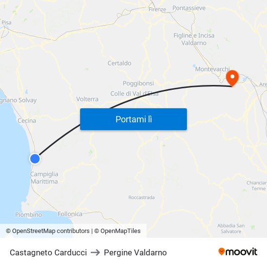 Castagneto Carducci to Pergine Valdarno map