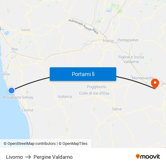 Livorno to Pergine Valdarno map
