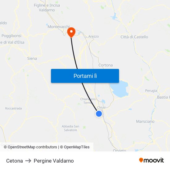 Cetona to Pergine Valdarno map