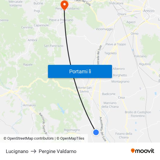 Lucignano to Pergine Valdarno map