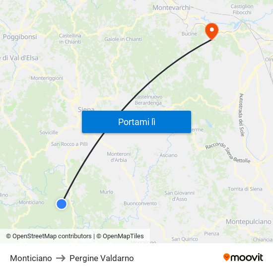 Monticiano to Pergine Valdarno map