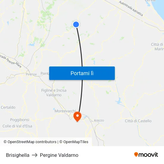 Brisighella to Pergine Valdarno map