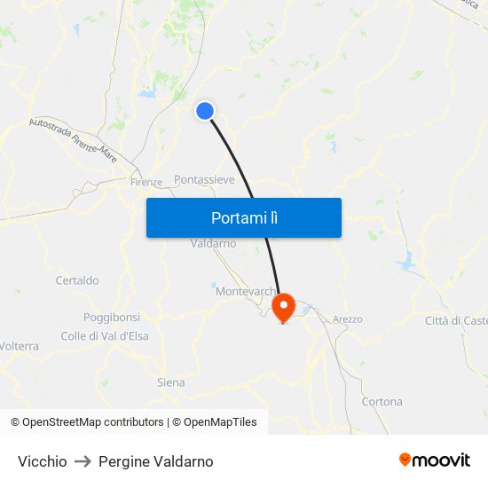 Vicchio to Pergine Valdarno map