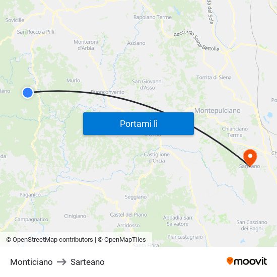 Monticiano to Sarteano map