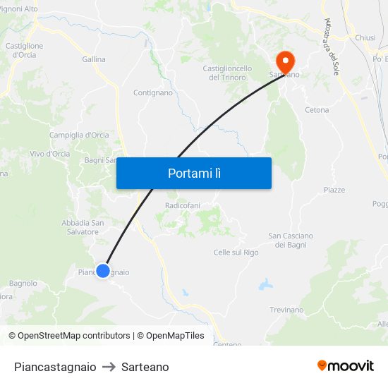 Piancastagnaio to Sarteano map