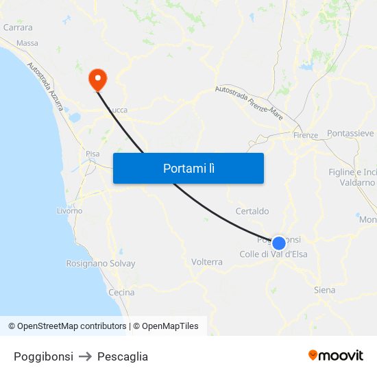 Poggibonsi to Pescaglia map