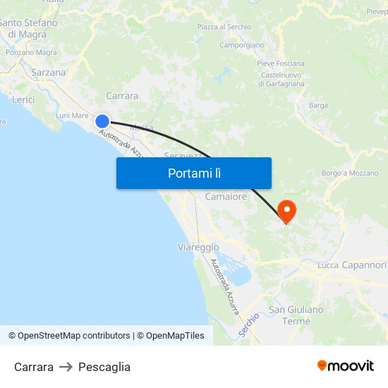 Carrara to Pescaglia map