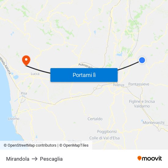 Mirandola to Pescaglia map