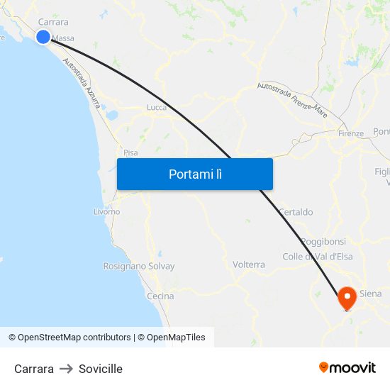 Carrara to Sovicille map