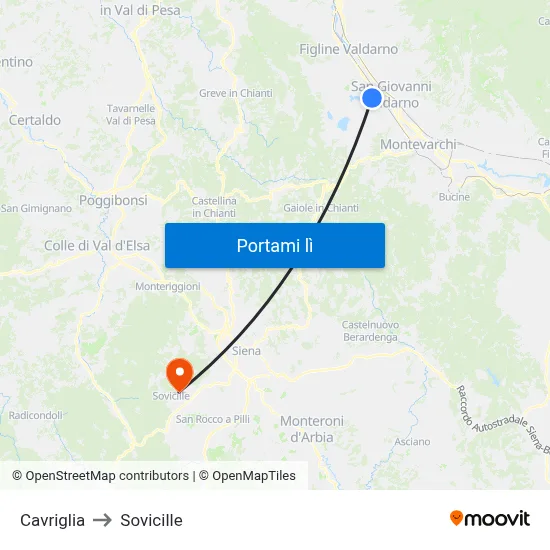Cavriglia to Sovicille map