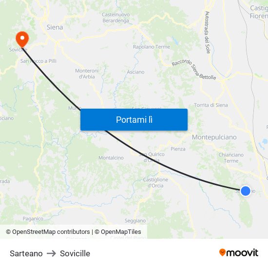 Sarteano to Sovicille map