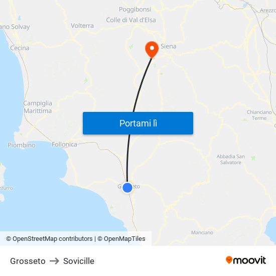 Grosseto to Sovicille map