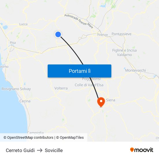 Cerreto Guidi to Sovicille map