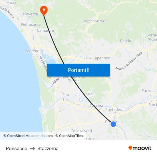 Ponsacco to Stazzema map