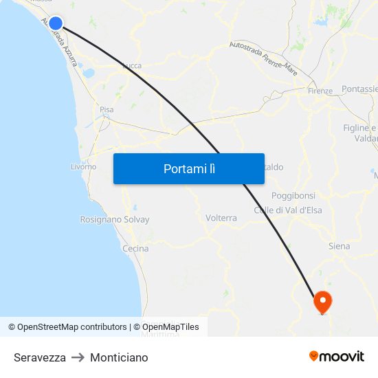 Seravezza to Monticiano map