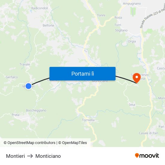 Montieri to Monticiano map