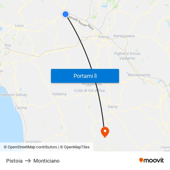 Pistoia to Monticiano map