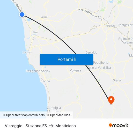 Viareggio Stazione FS to Monticiano map