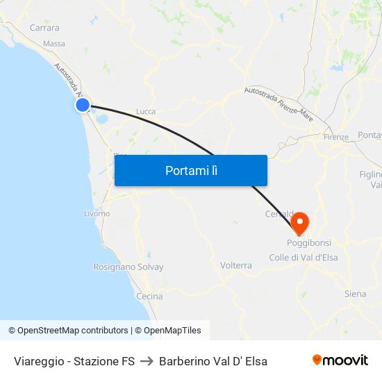 Viareggio Stazione FS to Barberino Val D' Elsa map