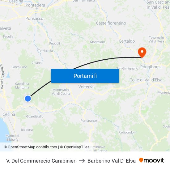 V. Del Commerecio Carabinieri to Barberino Val D' Elsa map