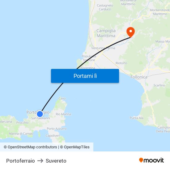 Portoferraio to Suvereto map