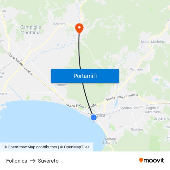 Follonica to Suvereto map